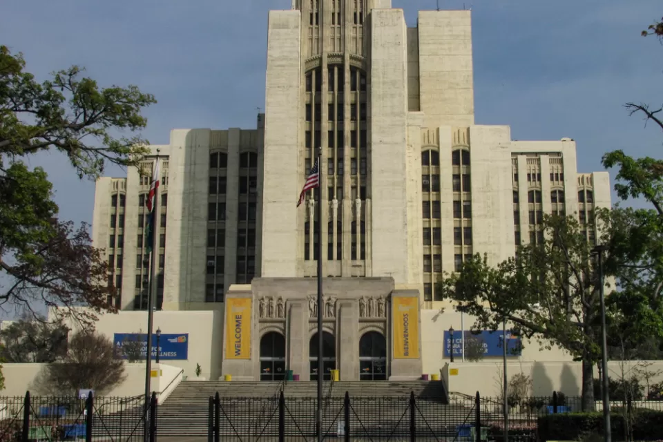 Front view of Art Deco 1933 Los Angeles County General Hospital building
